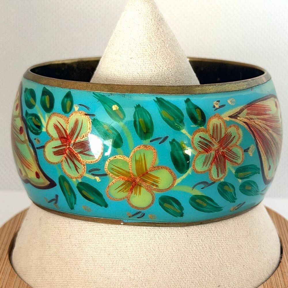 Vintage Hand Painted Enamel Brass Floral Bangle Bracelet Turquoise